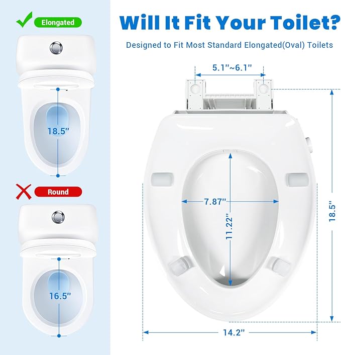 Raised Toilet Seat with Bidet for Seniors, 3" Height, Heavy Duty Slow Close Elevated Toilet Seat with Never Loosen Hinges, Fits Most Elongated Toilets, No Electric Cold Water Only (White 18.5")