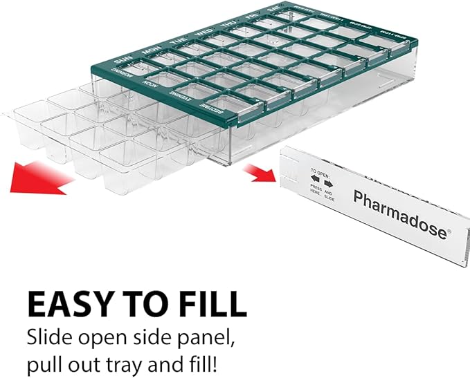 EZY DOSE Weekly AM/PM (7-Day) Daily Pharmadose Pill Planner, Medicine Case, Vitamin and Supplement Organizer, Small Easy Fill Compartments, 4 Times a Day, 28 Compartments, Green, BPA Free