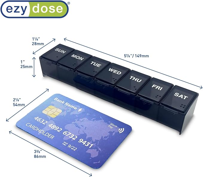 EZY DOSE Weekly (7-Day) Daily Pill Organizer, Vitamin Planner, and Medicine Container, Large Compartments, Easy to Open, Travel Friendly, Includes One Black and One White (2 Pack), Made in The USA