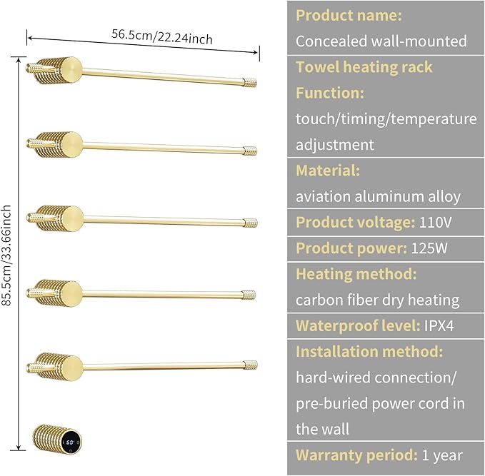 Towel Warmer Rack, Gold 5-Bar Aluminum Alloy, Heated Towel Rack for Bathroom, Hidden wiring/Support Hardwired Heated Towel Rail, With Timer and Temperature Adjustment, Overheat Protection Function