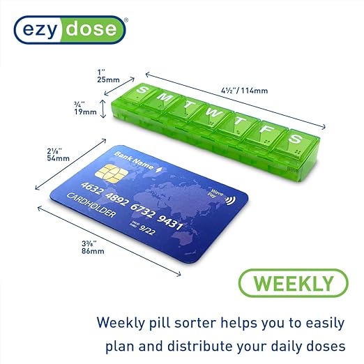 EZY DOSE Weekly (7-Day) Pill Planner, Medicine Case, Vitamin Organizer Box, Small Locking Compartments to Secure Prescription Medication and Prevent Accidental Spilling, Green