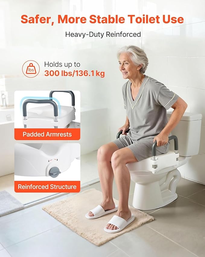 VEVOR Raised Toilet Seat with Arms, 300 lbs Load Capacity, 5-Inch Lift Height, Widened Commode Elevated Toilet Seat Riser with Padded Handles for Seniors, Elderly, Handicap, Disabled, and Adults Use