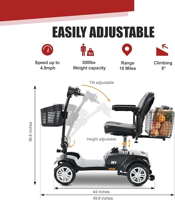 Mobility Scooter for Seniors and Adults M1 Gloss Black, 300W Motor, 9” Solid Tires, Foldable Heavy Duty Electric Scooter, Comfortable Adjustable Seat with 360° Rotation, Portable for Travel