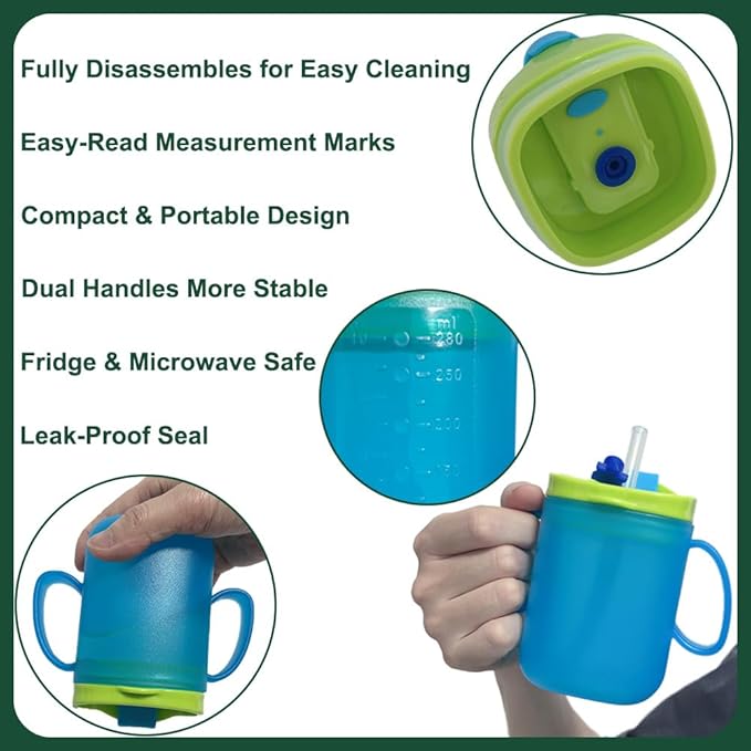 Adult Sippy Cup for Elderly – 10 oz Portable Spill-Resistant Cup with Straw and Easy-Grip Handles – Ideal for Disabled, Dysphagia & Hospital Patients (Blue)