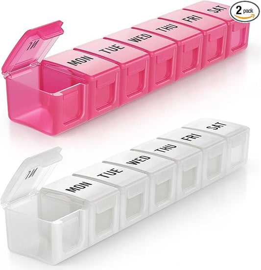 BUG HULL Weekly Pill Organizer Large 2 Packs, Extra Large Travel Pill Organizers, Pill Box 7 Day, Travel Pill Case, Medicine Pill Organizer for Vitamins, Supplements and Medications (White+Pink)