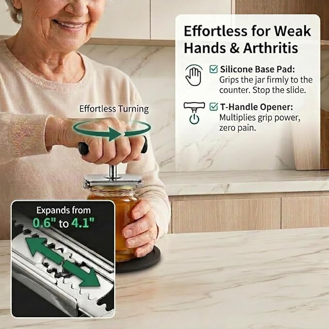 Cap Crack Jar Opener Set with Silicone Gripper Pad, Heavy Duty Stainless Steel Cap Crack Opener for Weak Hands & Seniors, Adjustable Jar Cap Opener for Stuck Bottles