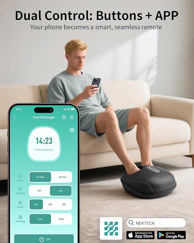 Nekteck Shiatsu Foot Massager with Heat, Foot Massager Machine for Plantar Fasciitis, Neuropathy Pain, Deep Kneading, Air Compression, Remote APP Control, Gifts for Mom Her Him, Fits Up to 13"