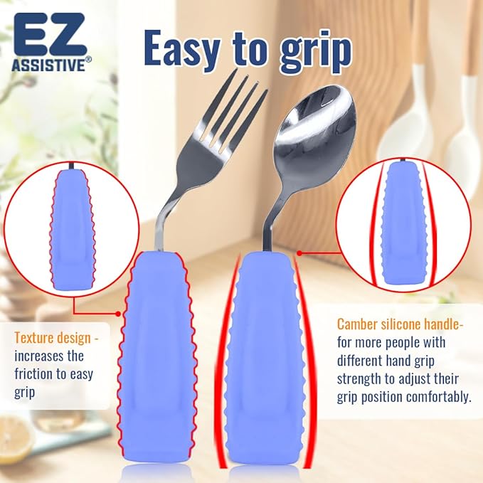 Adaptive Utensils Set – Ergonomic Angled Fork & Spoon for Parkinson's, Tremors, and Stroke Recovery – Weighted Utensils for Hand Tremors, Non-Slip Silicone Grip, Dishwasher Safe