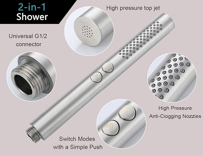 2-in-1 High Pressure Handheld Shower Head Set with Long Hose & Bracket - 2 Function Spray Wand, High Flow RV & Dog Shower Combo in Brushed Nickel