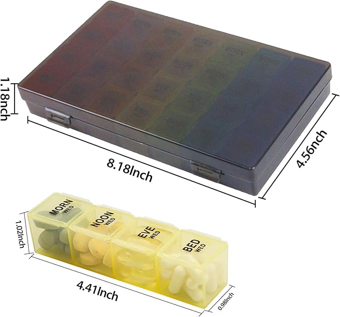4Pack Weekly Pill Organizer 4 Times a Day, 7-Day Pill Boxes, Monthly Medication Organizer 28 Days Portable Compartments & Moisture-Proof Outer Case for Vitamins, Fish Oils, Supplements (Black)
