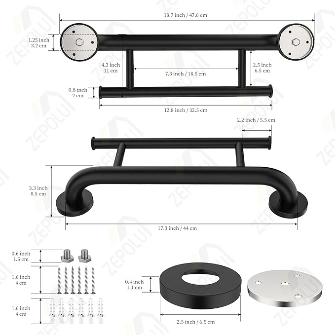Black Towel Grab Bar 17 Inch, Zepolu Handicap Towel Bar for Bathroom, Stainless Steel Safety Assist Bar Balanced Support Handle, Wall Mounted Towel Rack Grab Bars for Senior Elderly Disabled