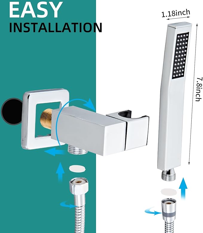 Bathroom Square Chrome Solid Brass Hand Held Shower Head With Wall Connector and Hose System Wall Mount Handheld Showerheads Set