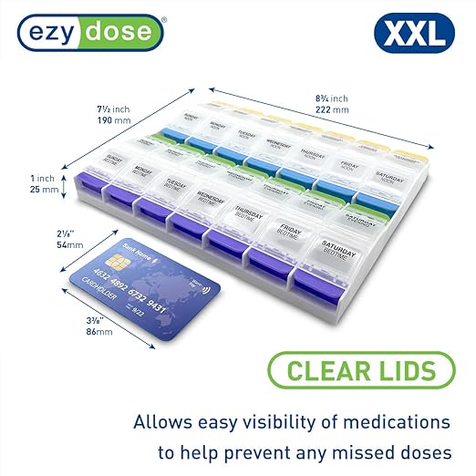 EZY DOSE Weekly (7-Day) Pill Organizer, Vitamin Container, and Daily Medicine Planner, 2X-Large Push Button Compartments, Arthritis Friendly, Easy to Use, 4 Times a Day, Clear Lids, BPA Free