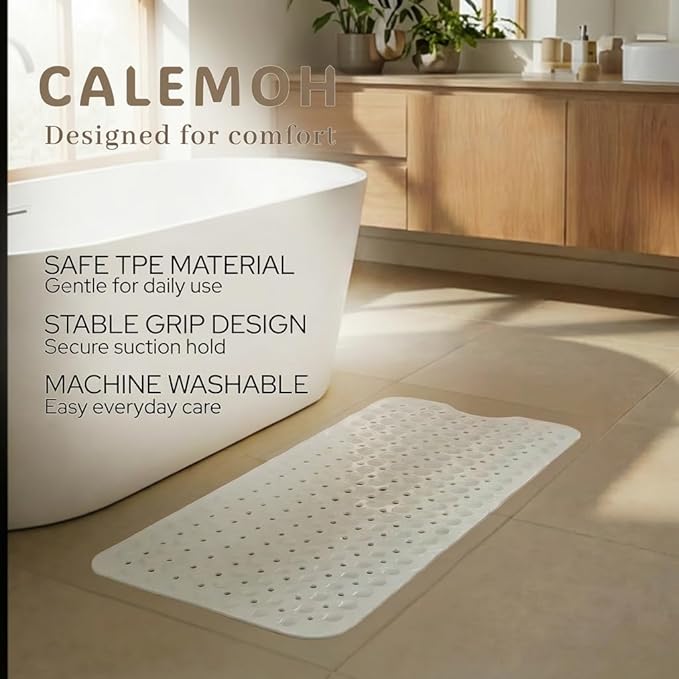 Minimalist TPE Bath Mat for Tub & Shower, Non-Slip Bathtub Mat with Suction Cups, Soft and Comfortable Shower Mat, Quick Drain Holes, Machine Washable, Large Bathroom Mat, White