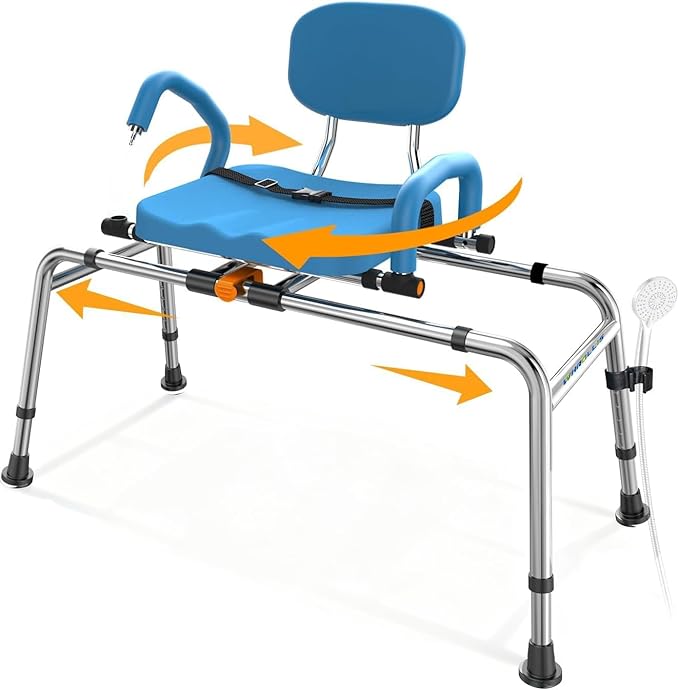 Sliding Shower Chair with Swivel Seat for Tub – 450lbs Bariatric 360° Rotating Bathtub Transfer Bench Inside Shower, Adjustable Height & Width Bath Chairs for Adults Seniors Elderly and Disabled