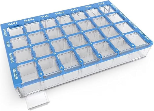 Ezy Dose Weekly (7-Day) Pill Case, Medicine Planner, Vitamin Organizer Box, Small Compartments with Easy Fill Tray, 4 Times a Day, Clear Lids, Color May Vary, BPA Free