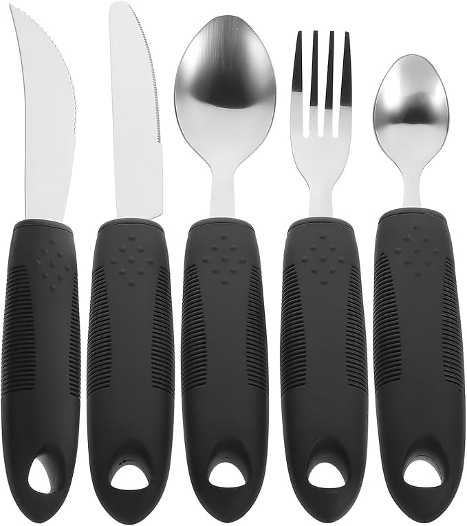 Healifty Portable Anti-Shake Tableware Set with Thick Handle Silverware Non-Slip Weighted Fork and Spoon Adaptive Utensils for Elderly and Hand Tremors Eating Aids