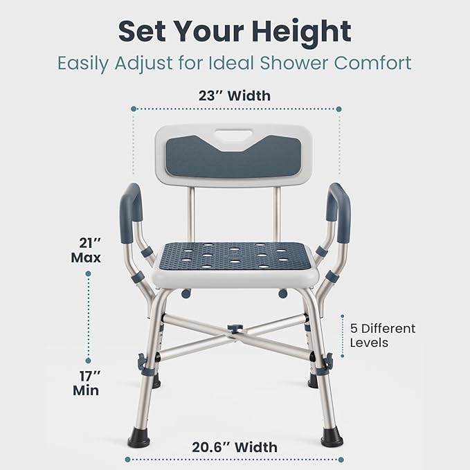 PELEGON Shower Chair for Elderly and Disabled (450lb) with Padded Armrests and Back, Adjustable Height Shower Seat, Heavy Duty Shower Chairs for Inside Shower, Handicap - Blue