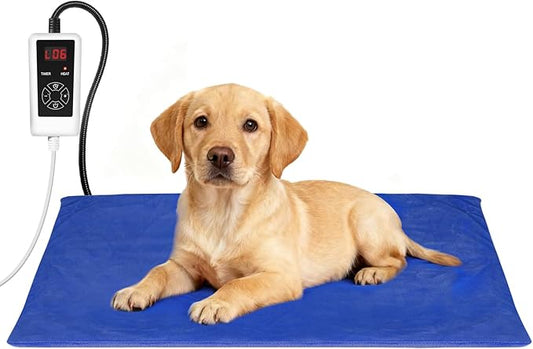 RIOGOO Pet Heating Pad, Electric Heating Pad for Dogs and Cats with Timer, 6 Level Adjustable Temperature Dog Heated Blanket (Blue, M:25''x12.5‘’)
