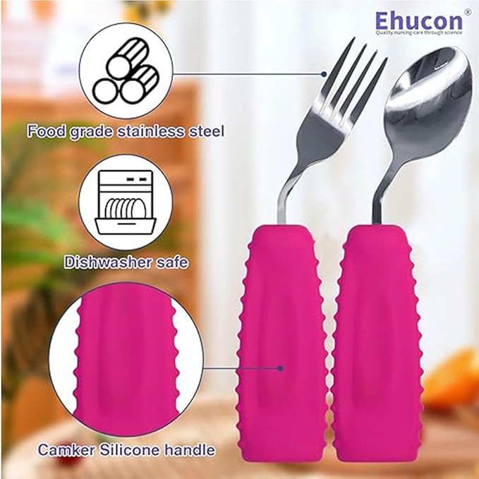 Adaptive Utensils,Weighted Angled Silverware,Parkinsons Aids,Curved Non-Slip Easy Grip Spoon and Fork Set for Tremors,Disabled,Handicap,Elderly,Arthritis (Left Hand,Pack of 2,Rose Pink)