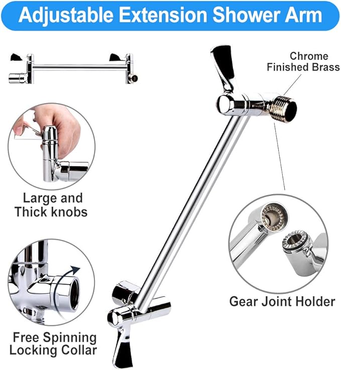 12'' Shower Head, High Pressure Rainfall Shower Head/Handheld Showerhead Combo with 11” Extension Arm, Anti-leak Shower Head with Holder/Hose, Flow Regulator - Chrome