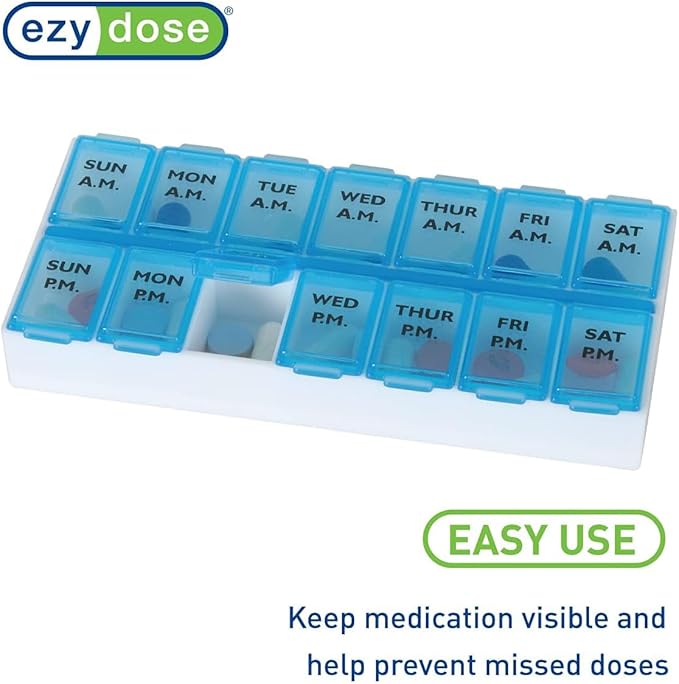 EZY DOSE Weekly AM/PM Daily Pill Case, Medicine Planner, Vitamin Organizer, Fish Oil Holder, Supplements Container, Medium Compartments, 2 Times a Day, Color May Vary (Randomly Selected), BPA Free