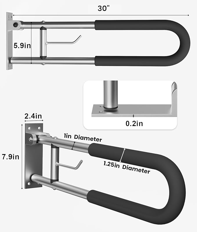Foldable Toilet Grab Bar, 30 Inch Wall Mounted Flip-Up Safety Rail, 2mm Thick Heavy-Duty Rust-Resistant Aluminum Bathroom Support Bar for Elderly, Disabled, Handicap (30inch)