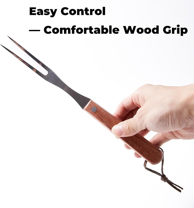 Granny Fork 10 Inch, 2-Tine Cooking Meat Fork – 2.5mm Thick 420 Stainless Steel with Wood Handle, Easy-Grip Carving/Turning/Lifting Tool for Cast Iron Skillet & Roasting Pan, Home Cooks & Seniors