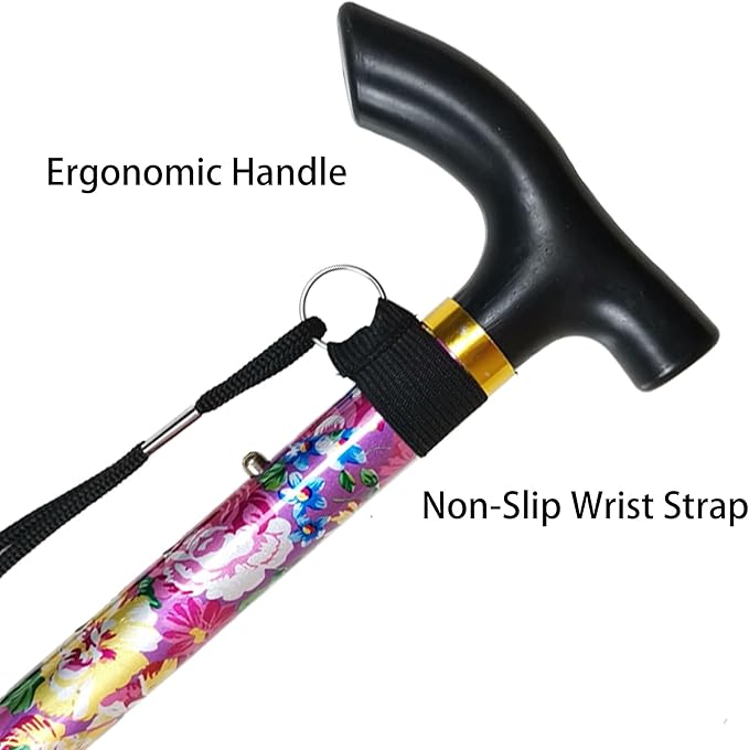Folding Cane, 5-Level Adjustable Height Lightweight Portable Foldable Walking Canes with Wrist Strap and T Handle for Men Women Seniors
