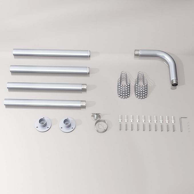 L Shaped Corner Shower Curtain Rod, 24" - 53" x 24" - 53" Adjustable 90 Degree Curved Bathroom Rod Square Rail No Sag with 12 Hooks & Ceiling Support - Silver Gray