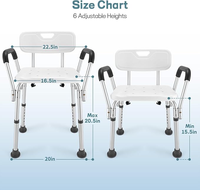 Shower Chair for Elderly and Disabled with Padded Armrests and Back, Adjustable Height Shower Seat, Tool-Free Heavy Duty Shower Chairs for Inside Shower, Handicap
