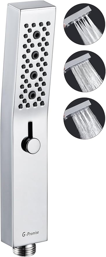 G-Promise All Metal Square 3 Function Handheld Shower Head, Easy and Quick Switch to Massage Mode, Bathroom Shower Wand Design Exquisite Luxury, 2.5 GPM, Chrome