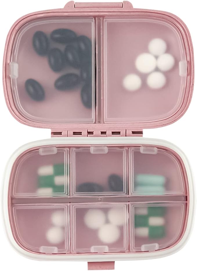 1Pack Travel Pill Organizer, 8 Compartments Portable Pill Case, Small Pill Box for Pocket Purse Portable Medicine Vitamin Container Pink