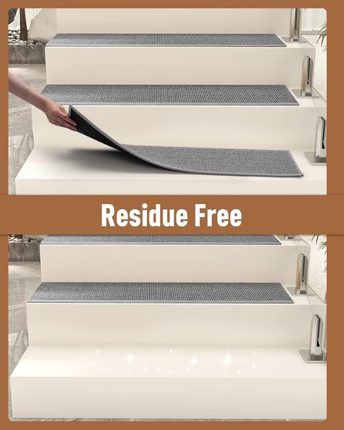 PADOOR Non Slip Stair-Treads,Rubber Backing Stair-Runners for Wooden Steps,15PCS Residue Free Carpet Stair Treads for Kids and Dogs 8"x30" Grey