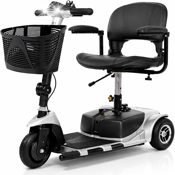 Vive 3 Wheel Mobility Scooter - Electric Powered Mobile Wheelchair Device for Adults - Folding, Collapsible and Compact for Travel - Long Range Power Extended Battery with Charger and Basket Included