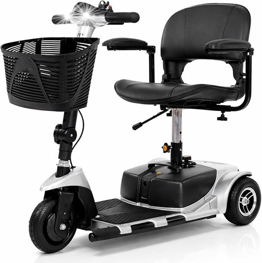 Vive 3 Wheel Mobility Scooter - Electric Powered Mobile Wheelchair Device for Adults - Folding, Collapsible and Compact for Travel - Long Range Power Extended Battery with Charger and Basket Included