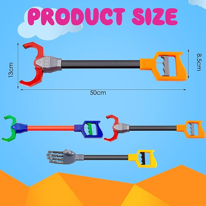 Lewtemi 4 Pcs Interactive Grabber Claw Robot Arm Pack Reacher Pickup Tool and Hand Eye Coordination Play, 18 Inch (Red,Blue,Gray)