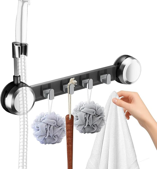 Shower Head Holder Suction Cup with 4 Hanger Hook Wall Mount - 2 in 1 Design - No-Drill Strong Adhesive Shower Wand Bracket - Adjustable Handheld Shower Head Mount - Removable and Rust-Resistant