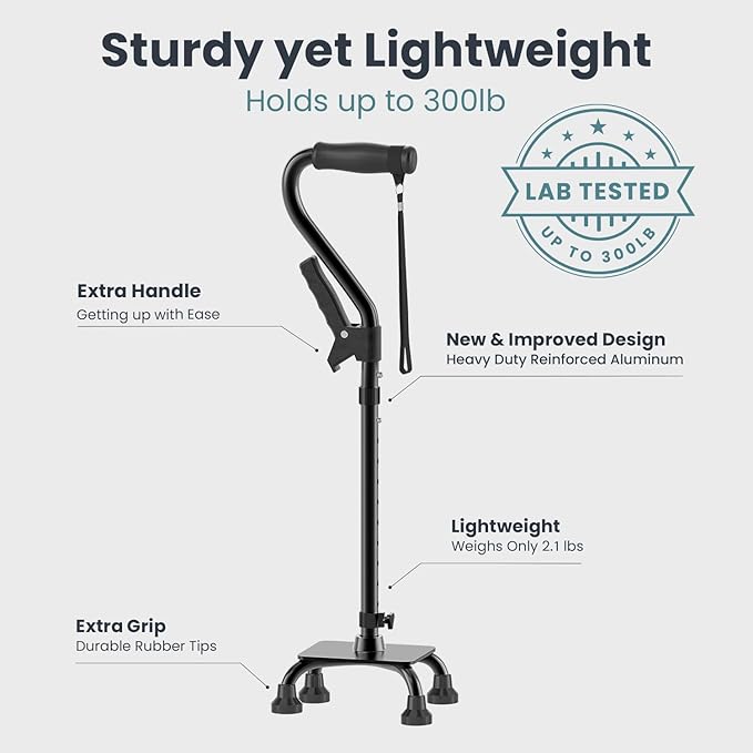 PELEGON Quad Cane (300LB) - Adjustable Walking Cane with A Large 4 Pronged Base for Extra Balance & Stability, Walking Canes for Seniors, Walking Cane for Men & Women, Walking Sticks