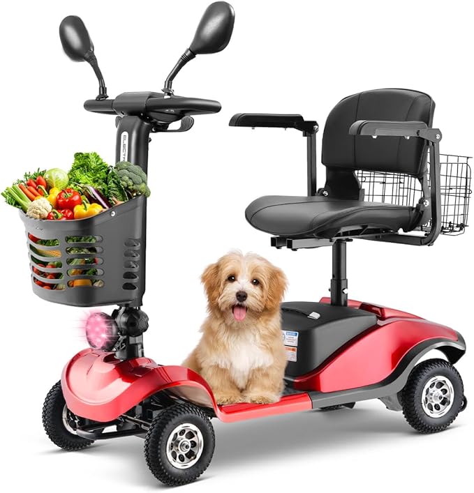 4 Wheel Compact Mobility Scooter for Seniors and Adults,Foldable Electric Scooter, Heavy Duty Travel Model with Lights, Basket, and Long-Lasting Battery208 red
