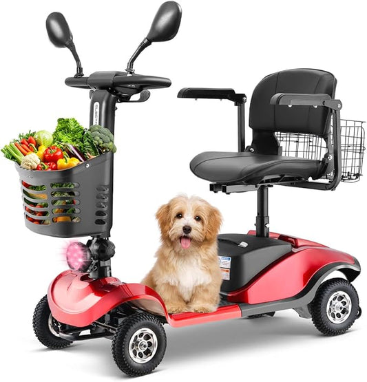 4 Wheel Compact Mobility Scooter for Seniors and Adults,Foldable Electric Scooter, Heavy Duty Travel Model with Lights, Basket, and Long-Lasting Battery208 red