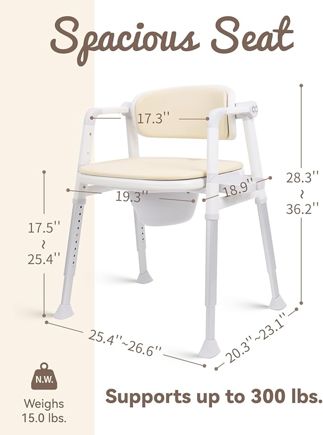 3-in-1 Bedside Commode Shower Chair with Liftable Arm Anti-Splash Bucket Extra-Wide Padded Adjustable Raised Toilet Seat for Seniors up to 300 lbs. Potty Chair for Toilet (Beige)