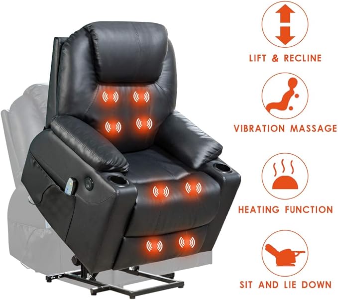 BestMassage Electric Power Lift Chair Recliner Sofa for Elderly Massage Chair, Adjustable Furniture with Vibration Massage and Lumbar Heated,Remote Control,USB Ports for Living Room (Black, Leather)