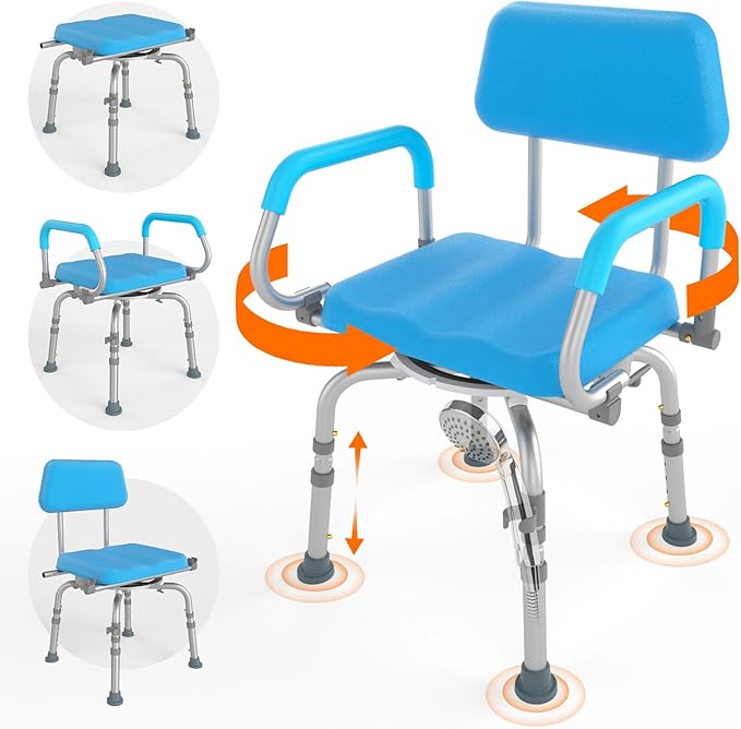 FSA/HSA Eligible Vnsod 360° Swivel Shower Chair for Inside Shower, Bath Chair for Elderly and Disabled, Adjustable Height and Padded Shower Seat with Back & Arms, 330lbs Non-Slip Stool for Inside Tub
