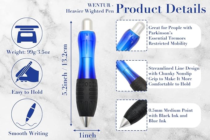 Big Weighted Fat Pens for Parkinsons Patients, Essential Tremors, Arthritis Hand and Low Grip Strength - Heavy Weighted Pen to Help Parkinson's, Carpal Tunnel, Elderly(1 Pack with 4 Ink Refill)