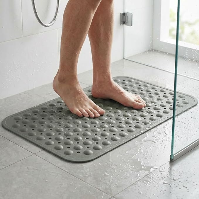 Minimalist TPE Bathtub Mat Non Slip for Tub & Shower, Bath Mat with Strong Suction Cups, Soft Comfortable Shower Mat, Quick Drain Holes, Machine Washable, Large Grey Mats, 27.5’’ x 16’’