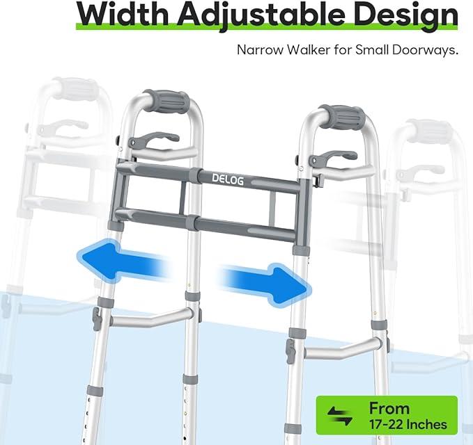 Delog Narrow Folding Walker for Seniors with Trigger Release and 5 Inches Wheels, Lightweight Supports Up to 350 lbs, Aluminum Folding Walker for Elderly, Handicapped and Disabled