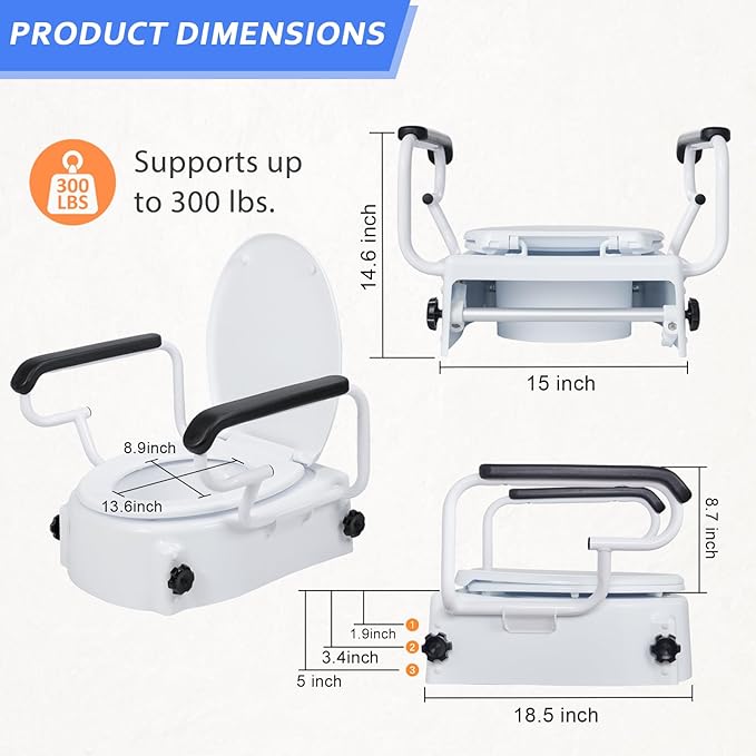 Raised Toilet Seat with Handles - Adjustable Height - Add 5 inches - Toilet Seat Risers for Seniors - Supports 300lbs - for Standard/Round Toilet, Includes Lid, Elevated Toilet Seat, White