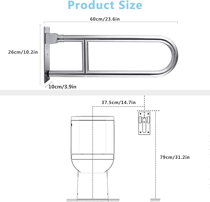 23.6 INCH Toilet Grab Bars for Bathroom Stainless Steel Flip Up Handicap Safety Grab Bar Rails for Elderly Seniors Bathtubs Showers Foldable Handle Grips Support for Walls Drop Down Screw-in Grab Bar