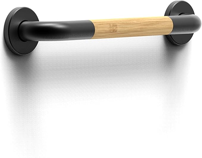 Safety Grab Bar for Bathroom & Toilet, Natural Bamboo Handle, ADA Compliant Balance Assist Handrail for Handicap and Seniors, 16in Matte Black